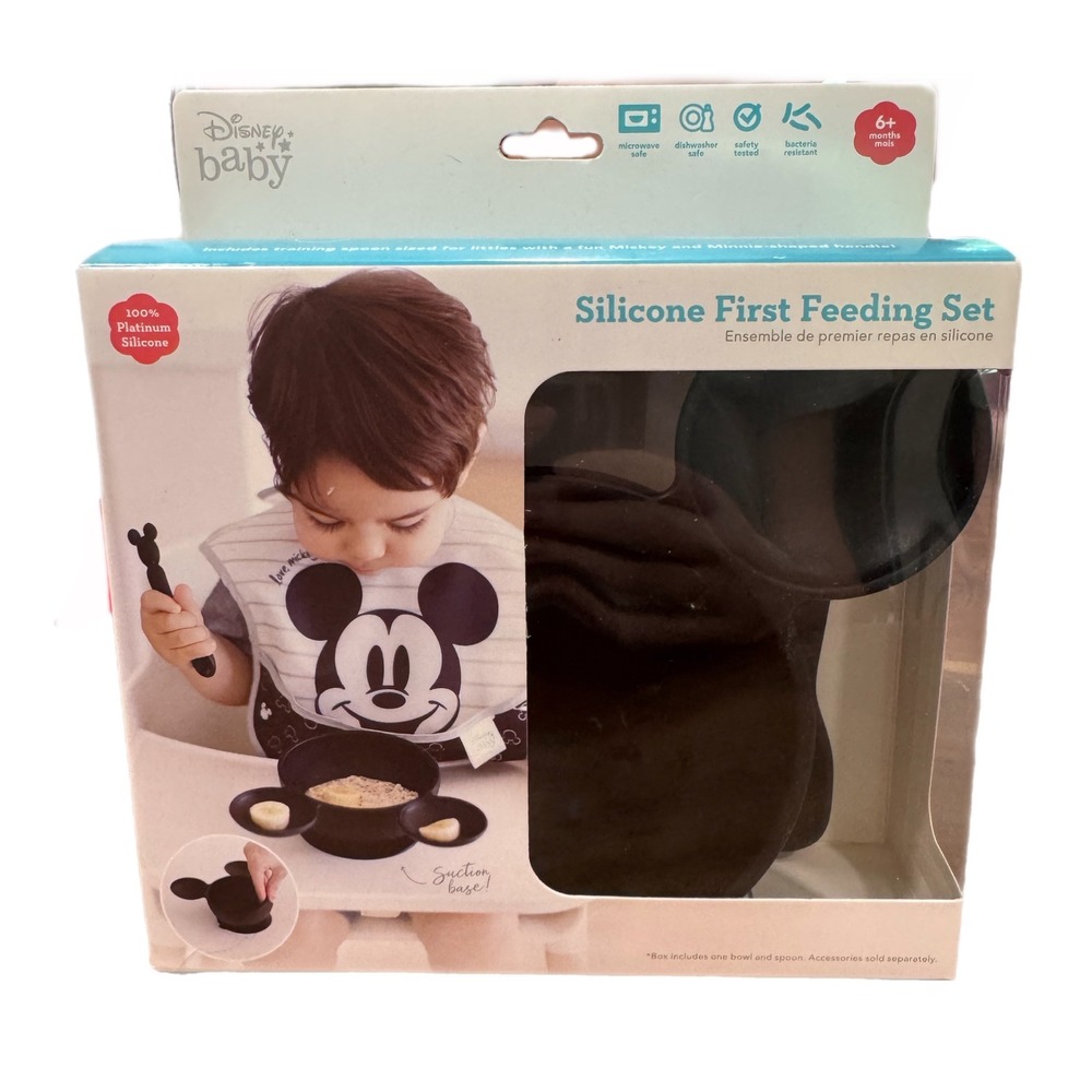 Disney Baby Bumkins Mickey Mouse Silicone First Feeding Set Bowl Spoon Black NEW
